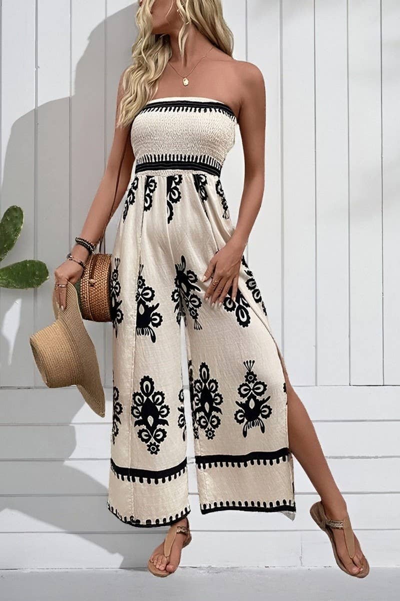 Smocked Strapless Wide Leg Printed Jumpsuit