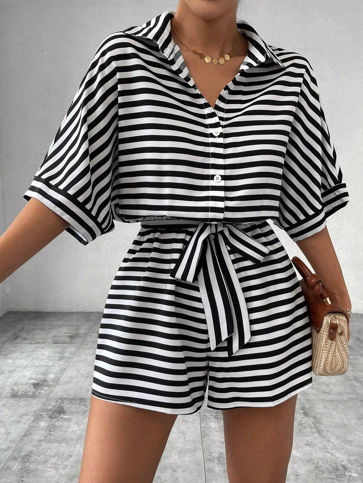 Women’s striped buttoned cardigan romper