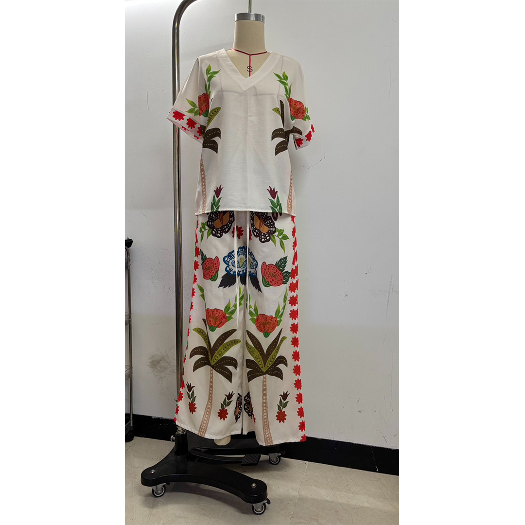 V-Neck Short Sleeve Printed Linen Wide-Leg Pants Set ZK4294