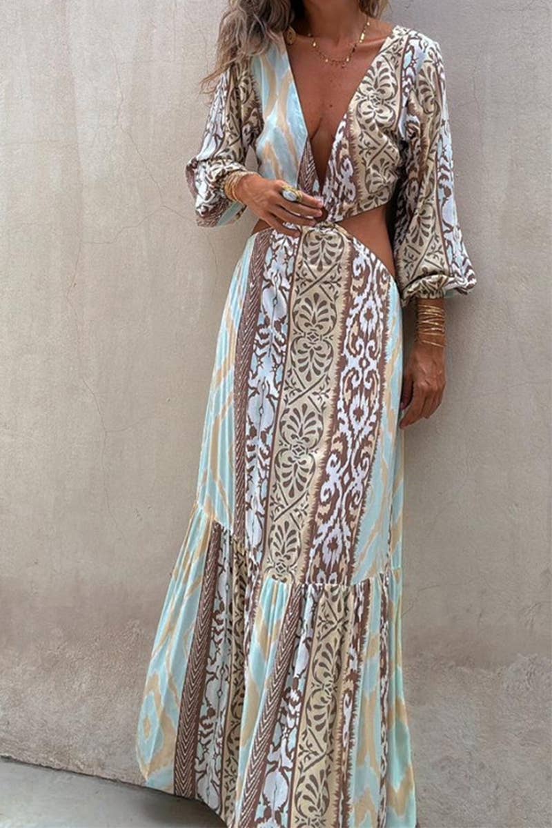 V-Neck Waist Tie Long Sleeve Dress