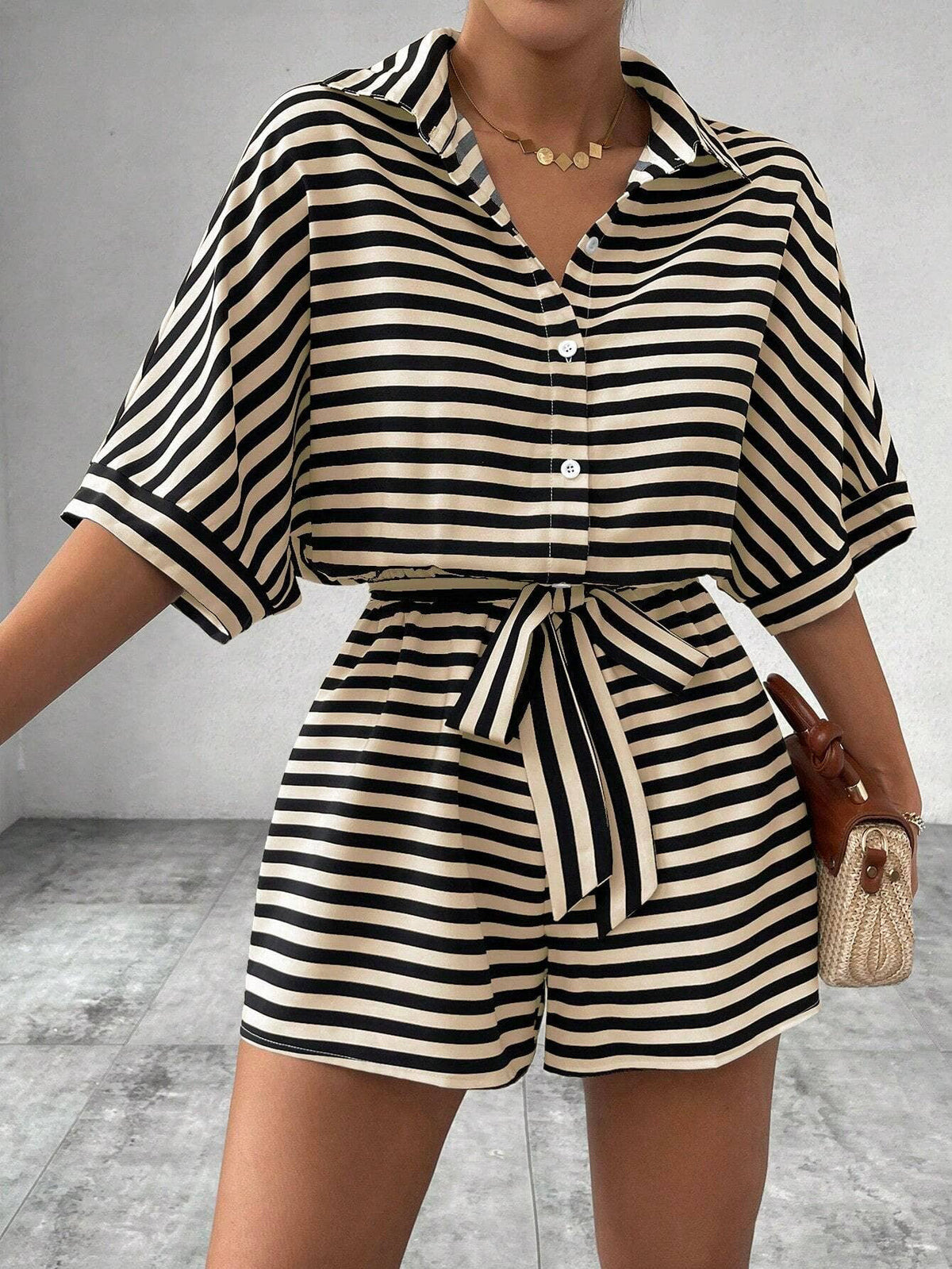 Women’s striped buttoned cardigan romper