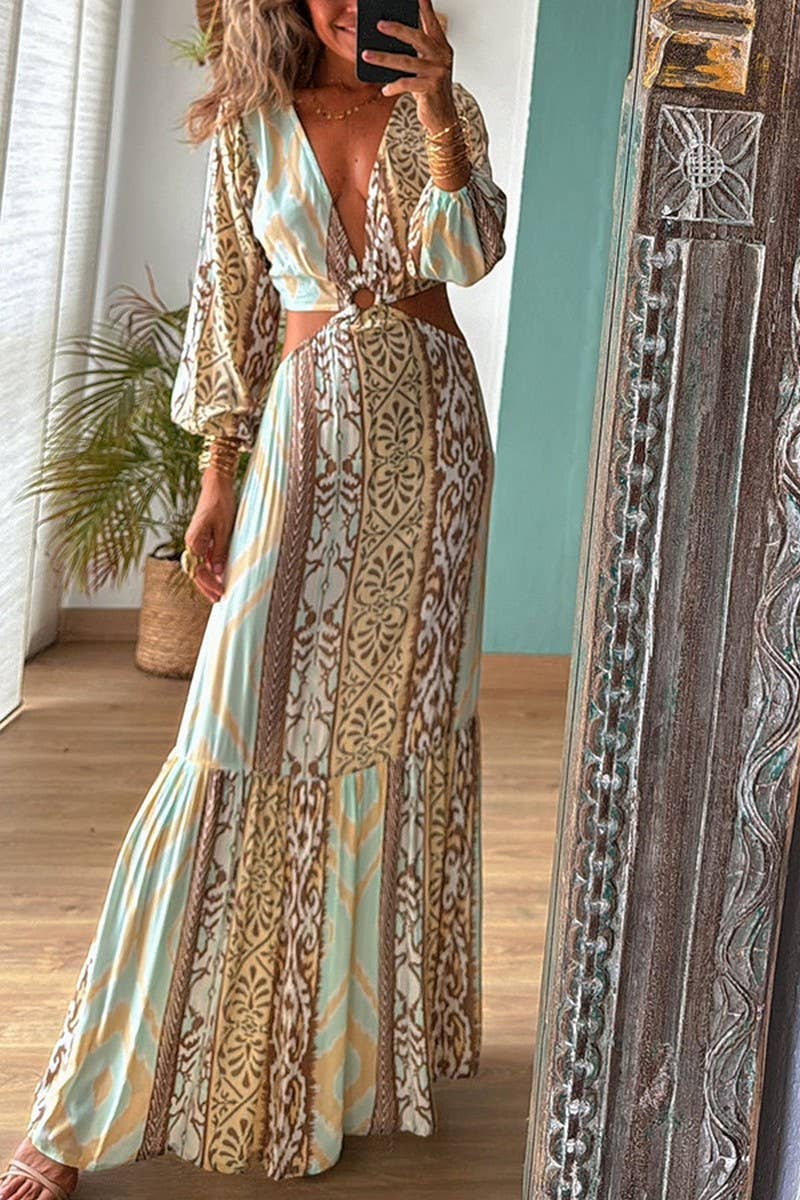 V-Neck Waist Tie Long Sleeve Dress