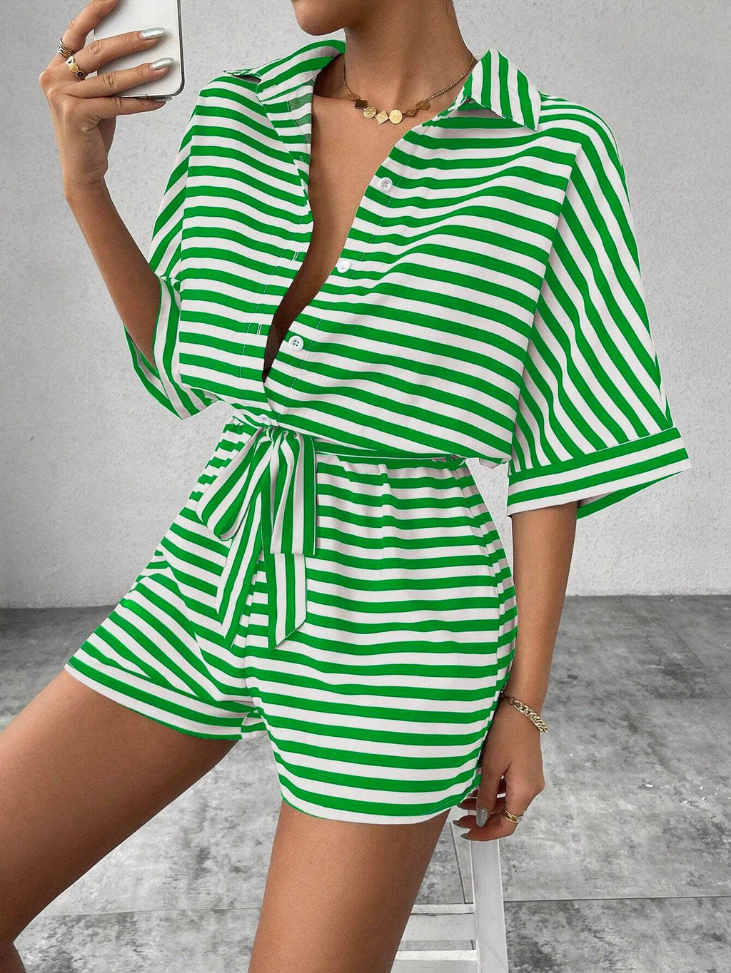 Women’s striped buttoned cardigan romper