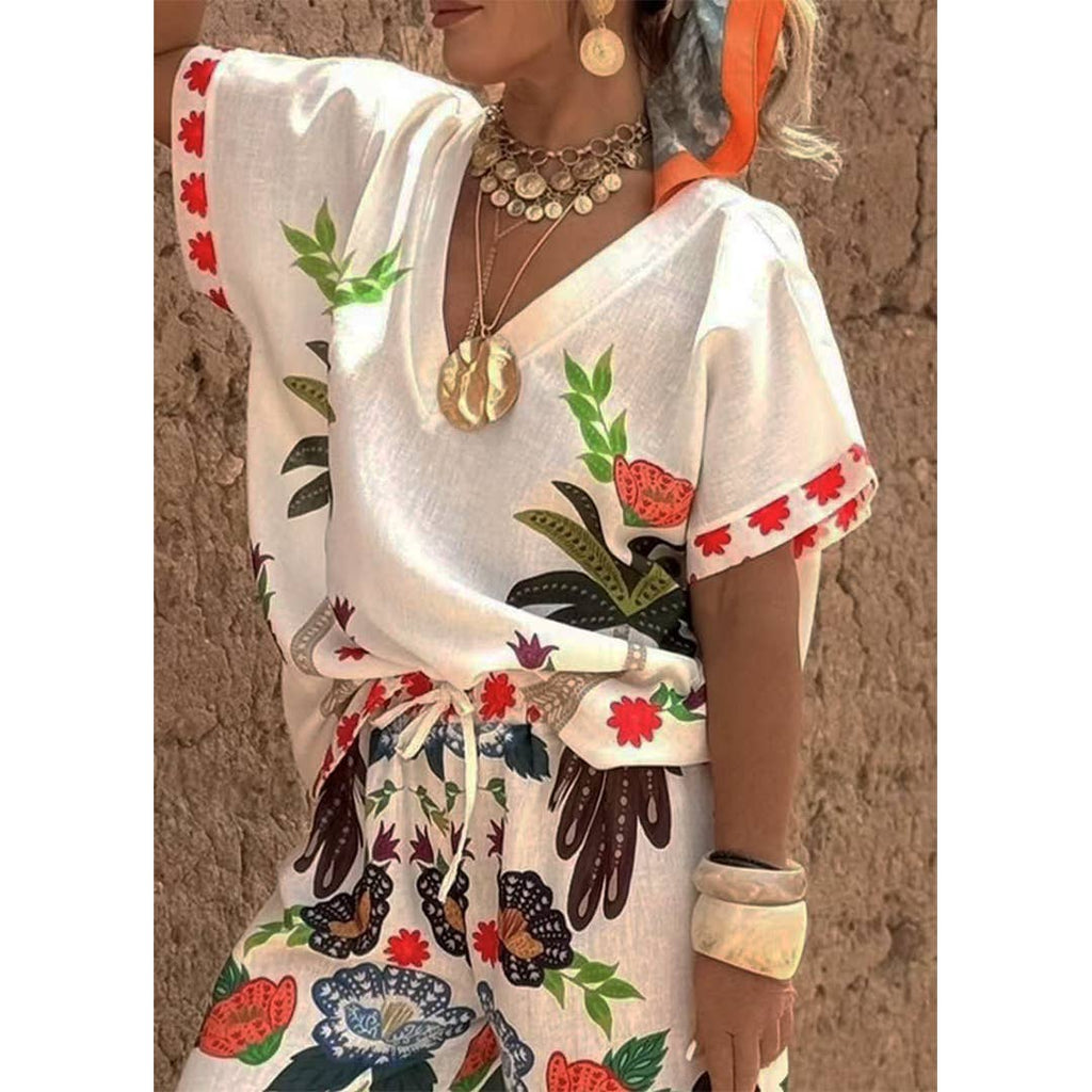 V-Neck Short Sleeve Printed Linen Wide-Leg Pants Set ZK4294