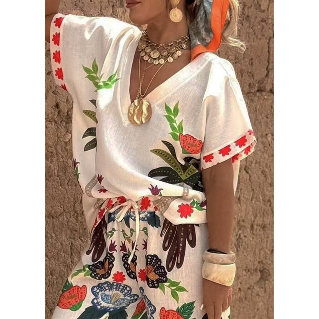 V-Neck Short Sleeve Printed Linen Wide-Leg Pants Set ZK4294
