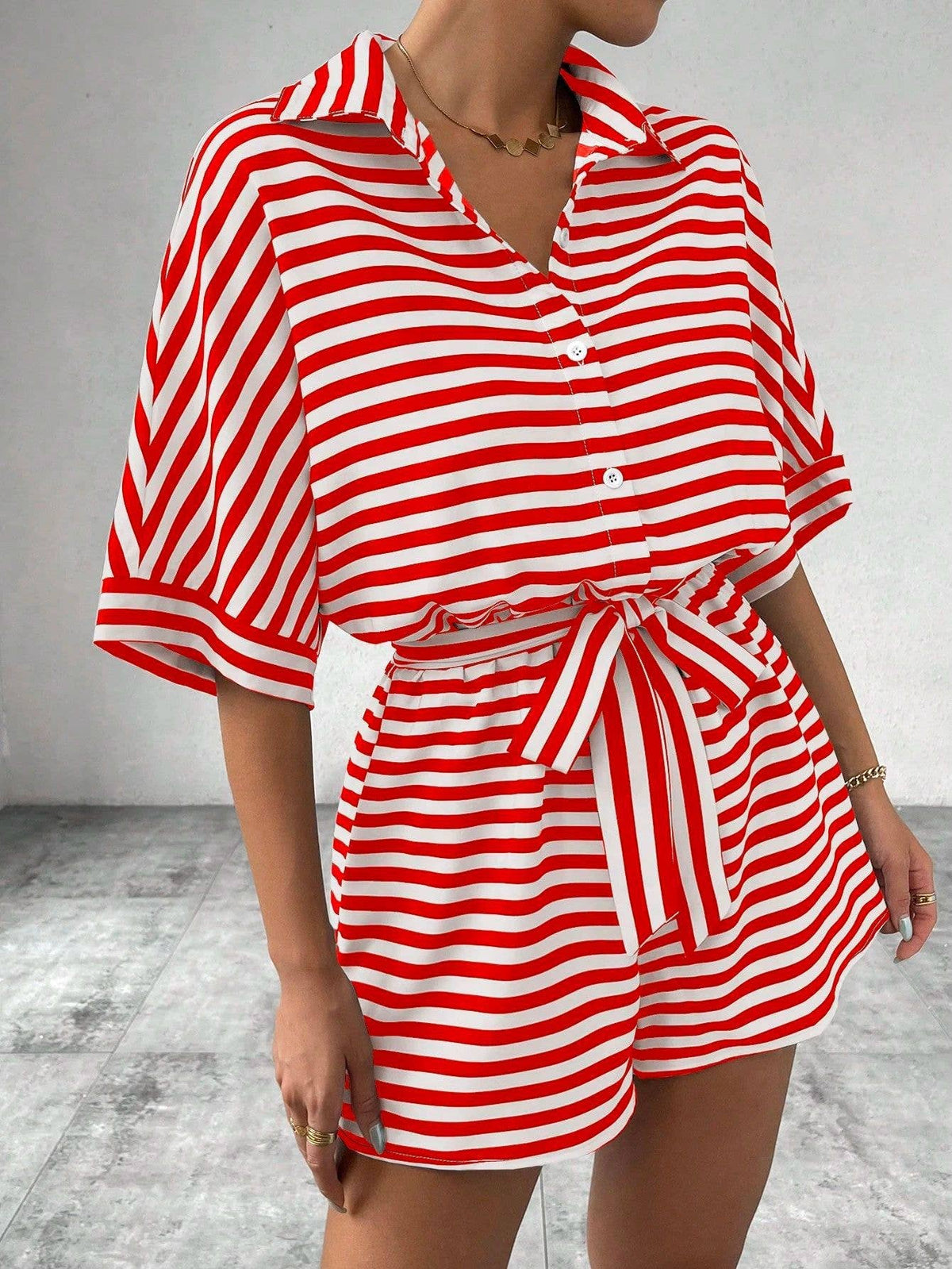 Women’s striped buttoned cardigan romper