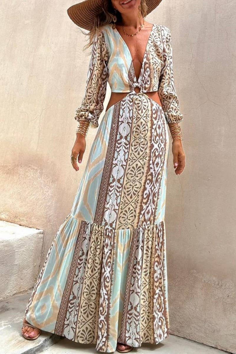 V-Neck Waist Tie Long Sleeve Dress