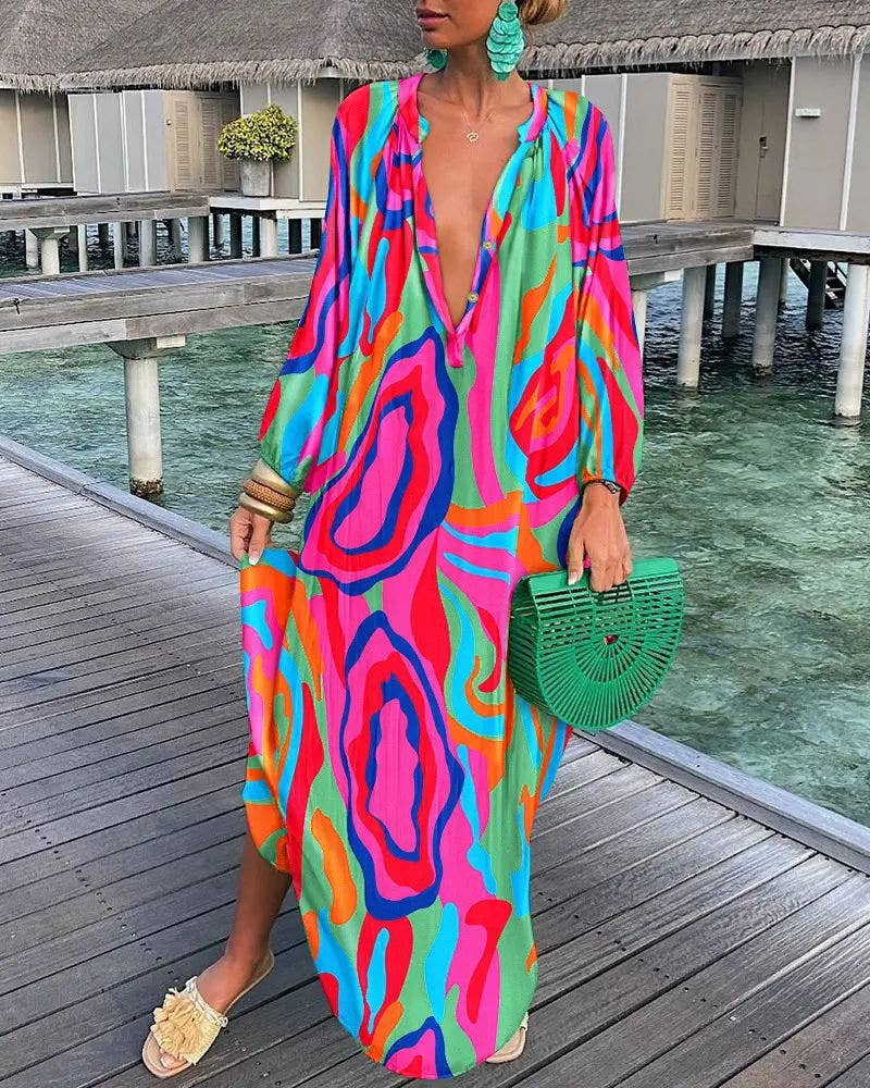 Loose dress with deep V-neck and big swing
