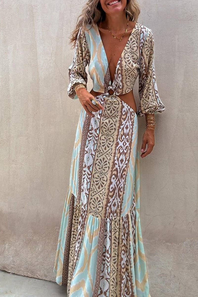 V-Neck Waist Tie Long Sleeve Dress
