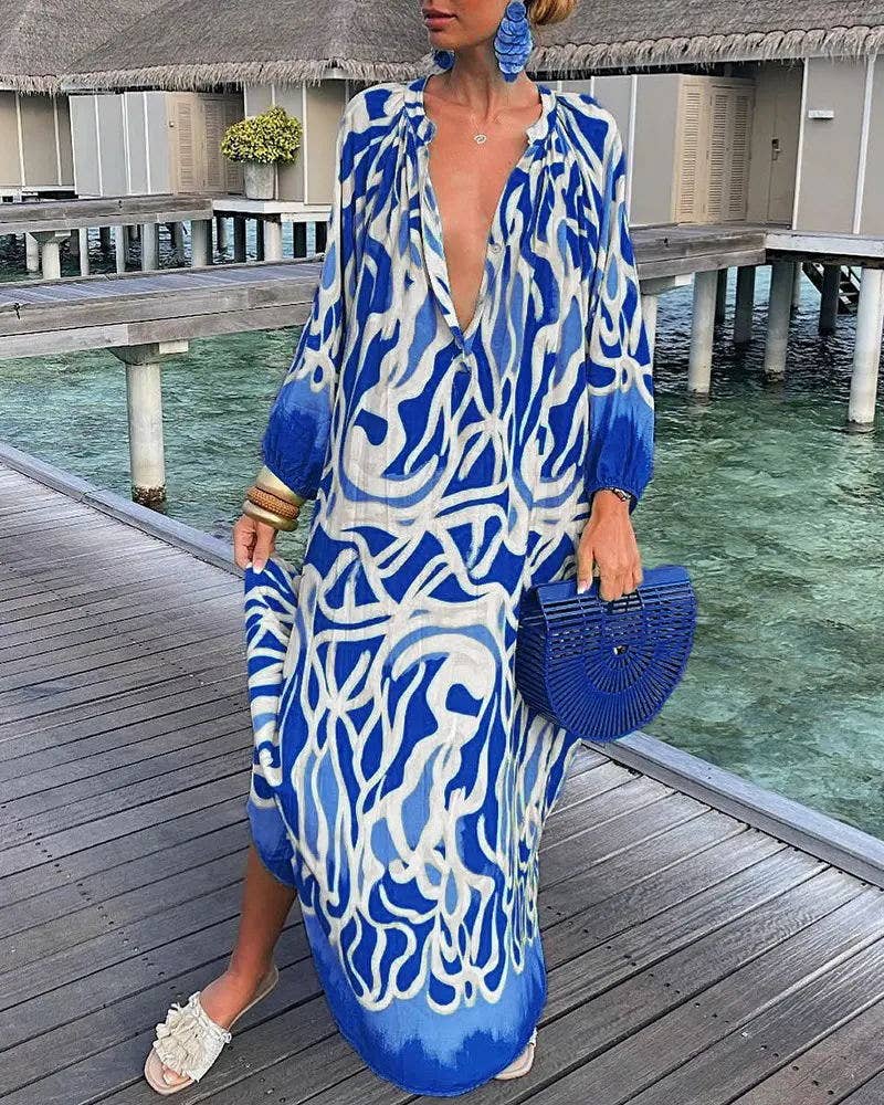 Loose dress with deep V-neck and big swing