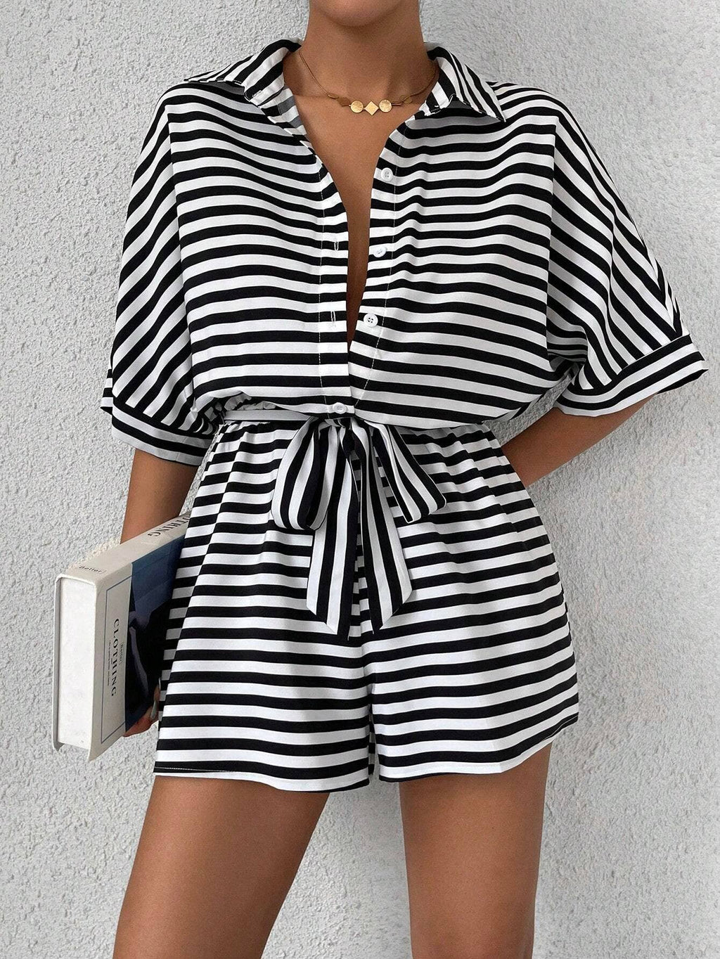 Women’s striped buttoned cardigan romper
