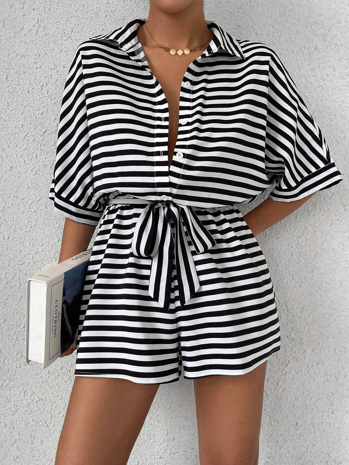 Women’s striped buttoned cardigan romper
