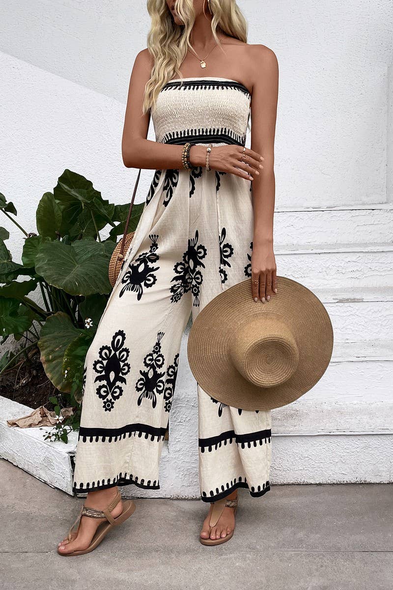 Smocked Strapless Wide Leg Printed Jumpsuit