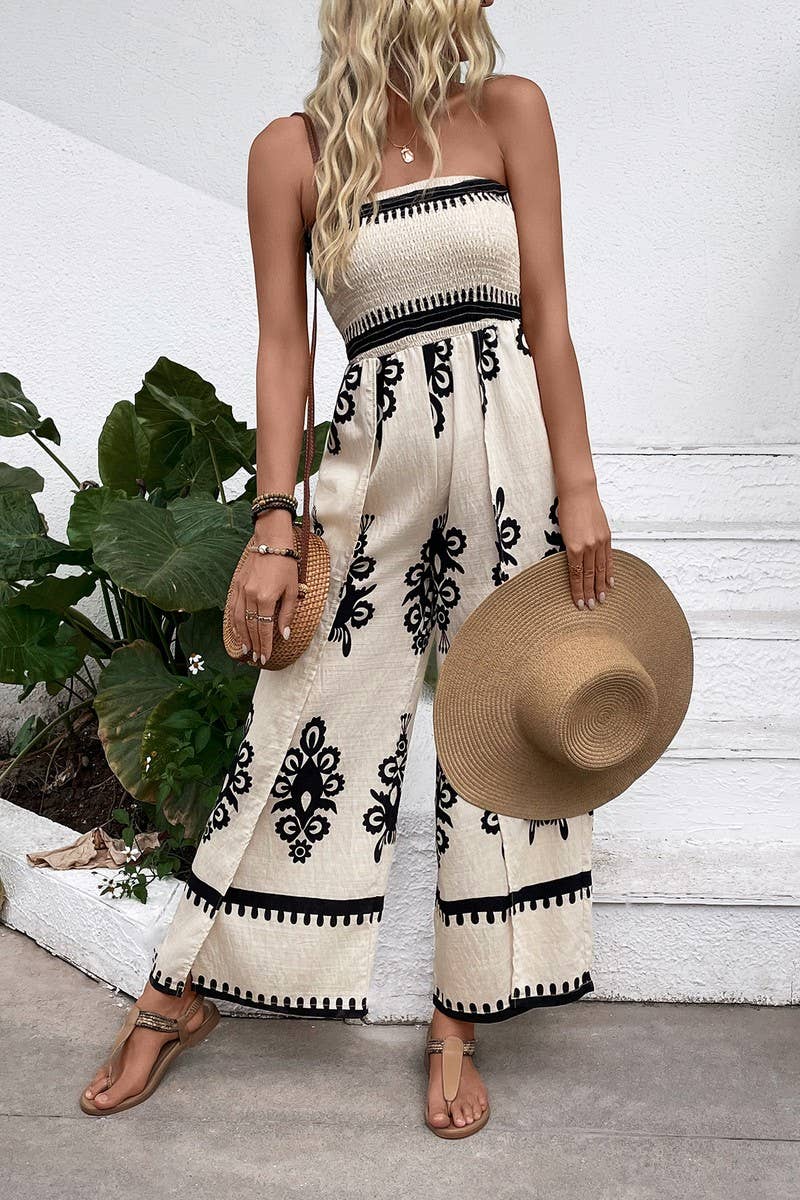Smocked Strapless Wide Leg Printed Jumpsuit