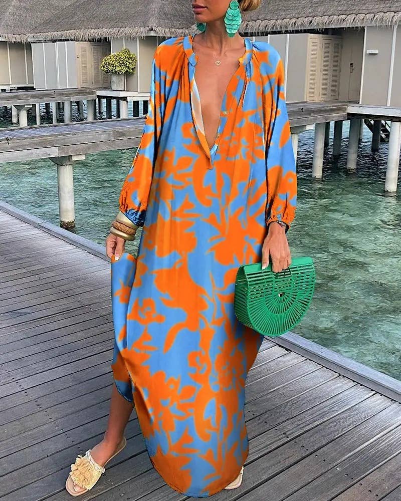 Loose dress with deep V-neck and big swing