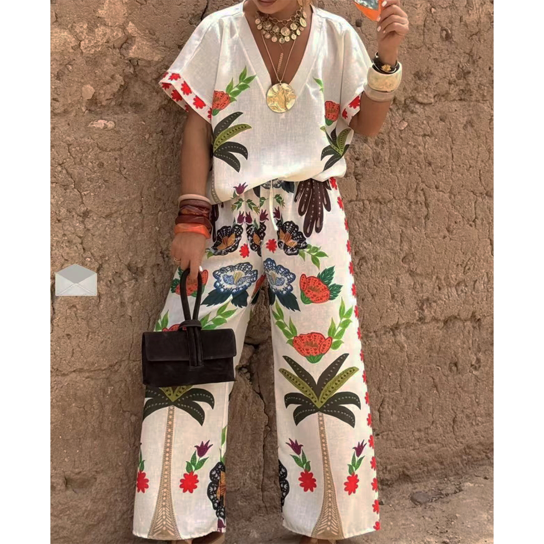 V-Neck Short Sleeve Printed Linen Wide-Leg Pants Set ZK4294