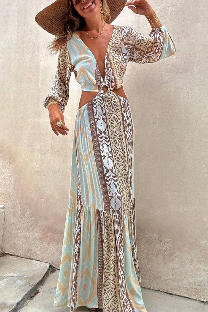 V-Neck Waist Tie Long Sleeve Dress