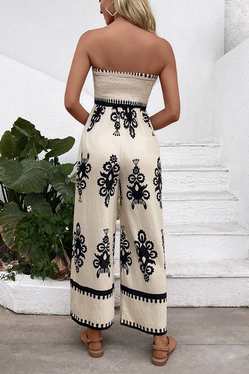 Smocked Strapless Wide Leg Printed Jumpsuit