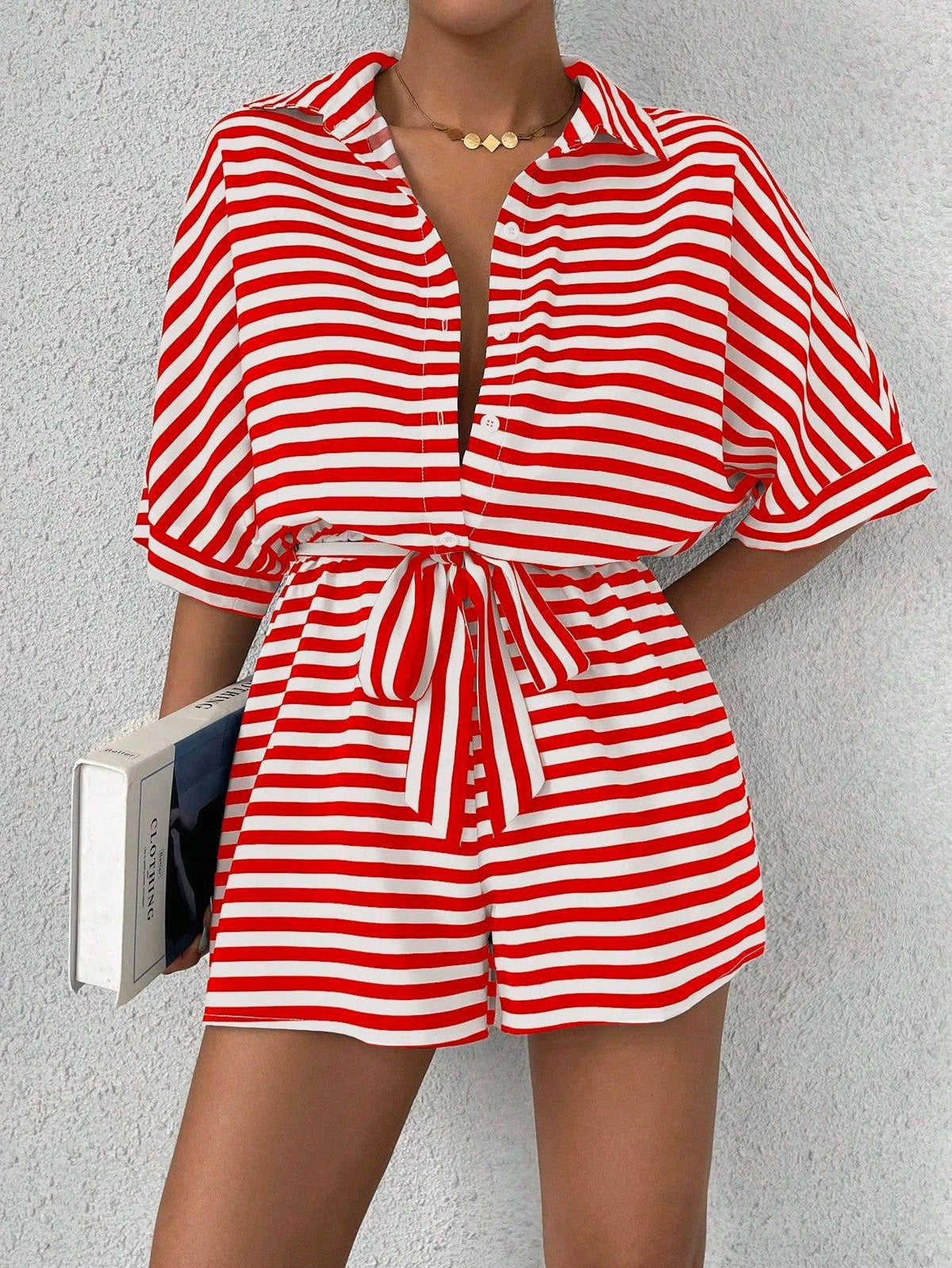 Women’s striped buttoned cardigan romper