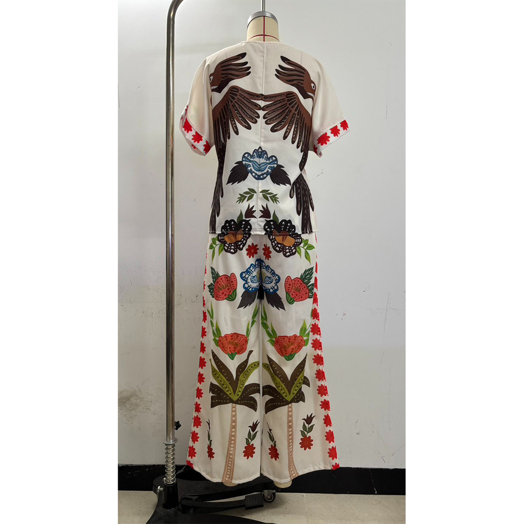V-Neck Short Sleeve Printed Linen Wide-Leg Pants Set ZK4294