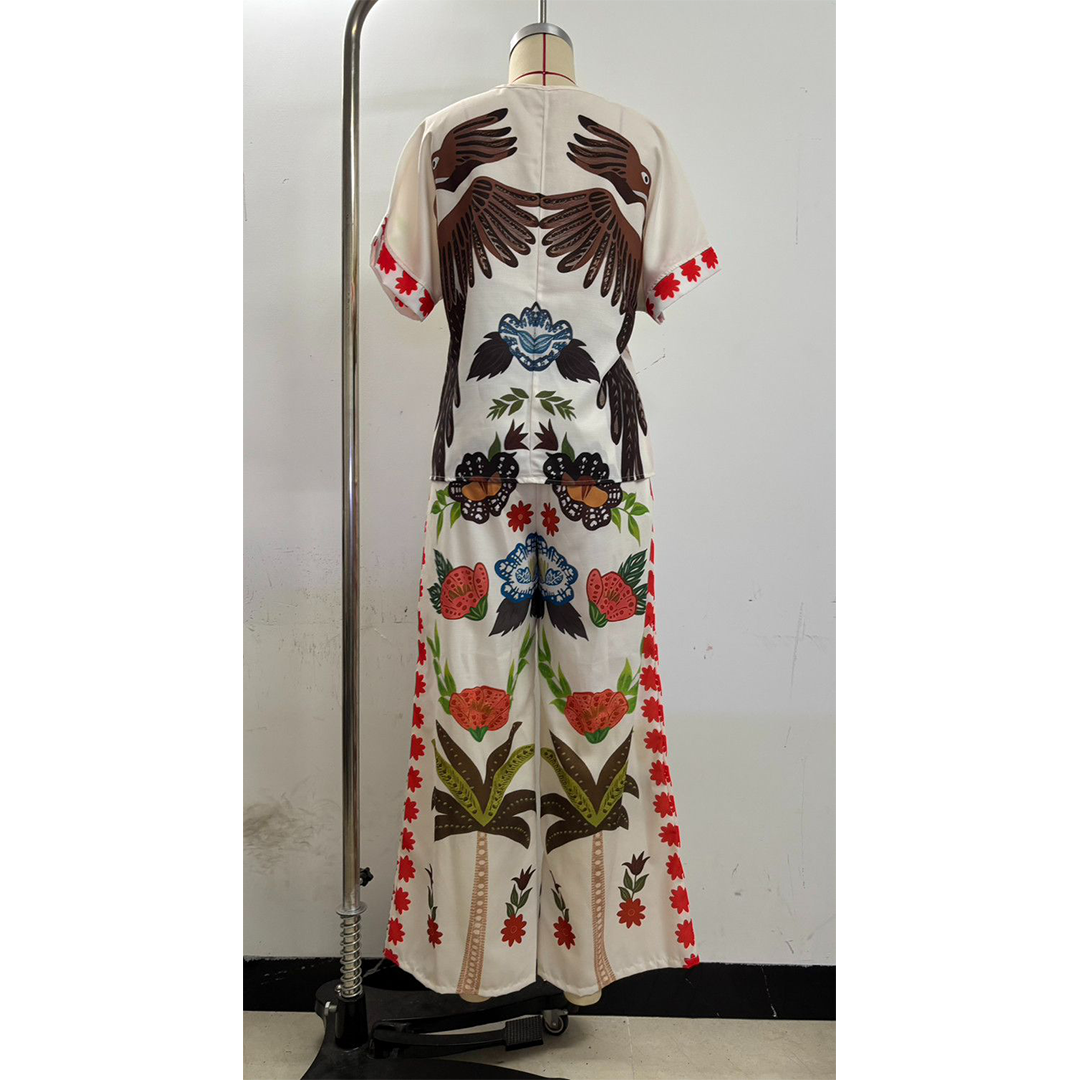 V-Neck Short Sleeve Printed Linen Wide-Leg Pants Set ZK4294