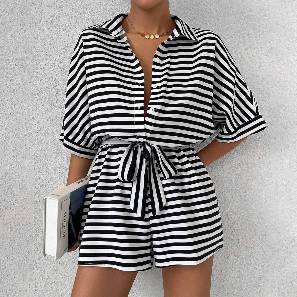Women’s striped buttoned cardigan romper