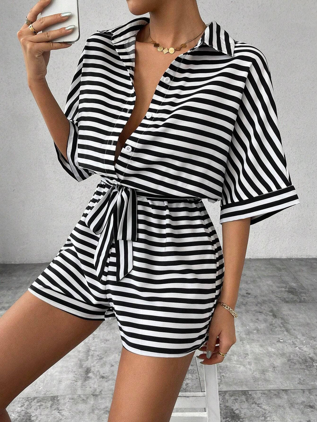 Women’s striped buttoned cardigan romper