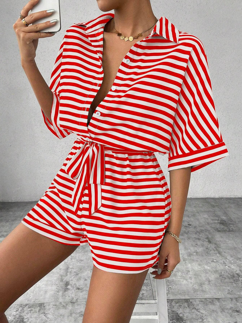 Women’s striped buttoned cardigan romper