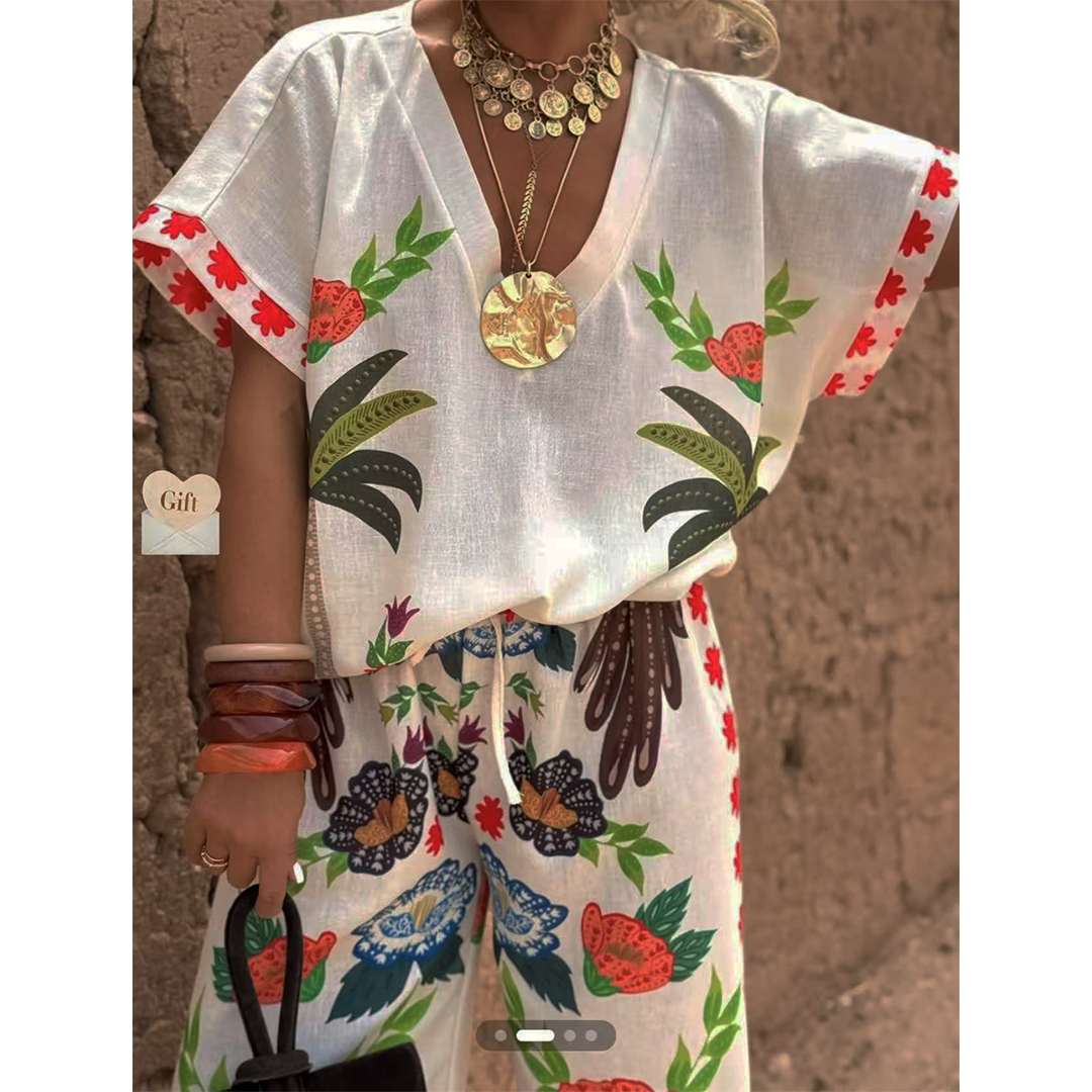 V-Neck Short Sleeve Printed Linen Wide-Leg Pants Set ZK4294