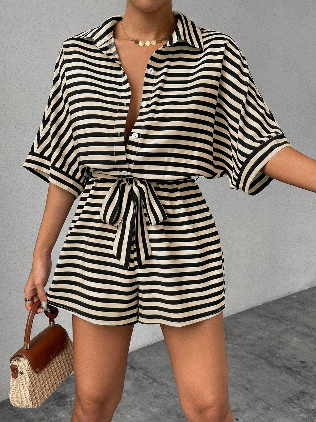 Women’s striped buttoned cardigan romper