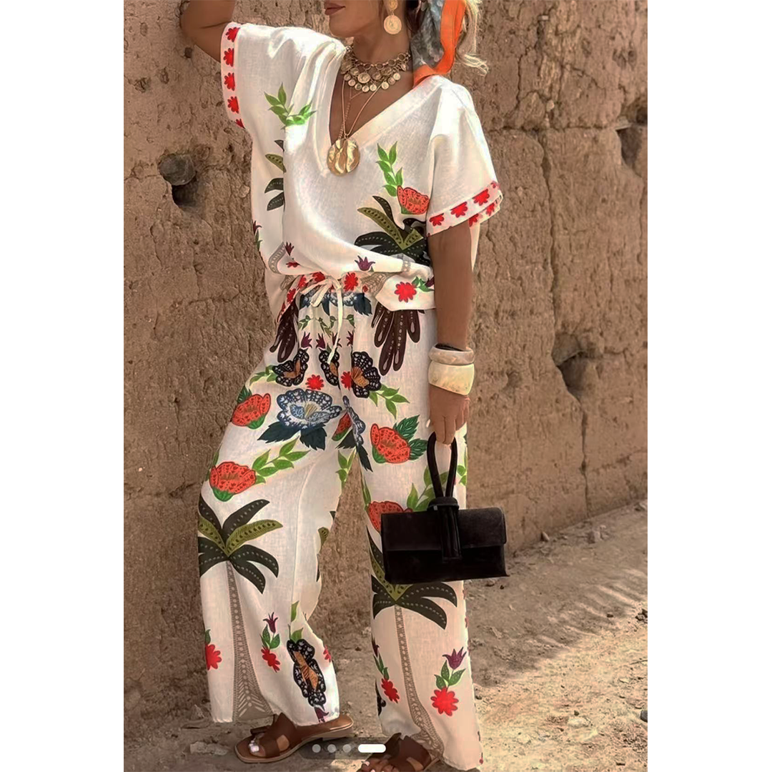 V-Neck Short Sleeve Printed Linen Wide-Leg Pants Set ZK4294