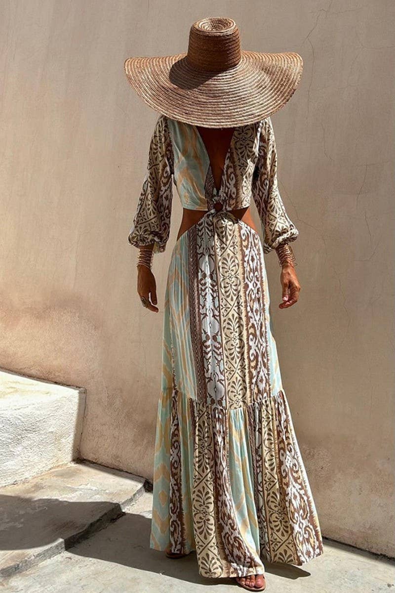 V-Neck Waist Tie Long Sleeve Dress
