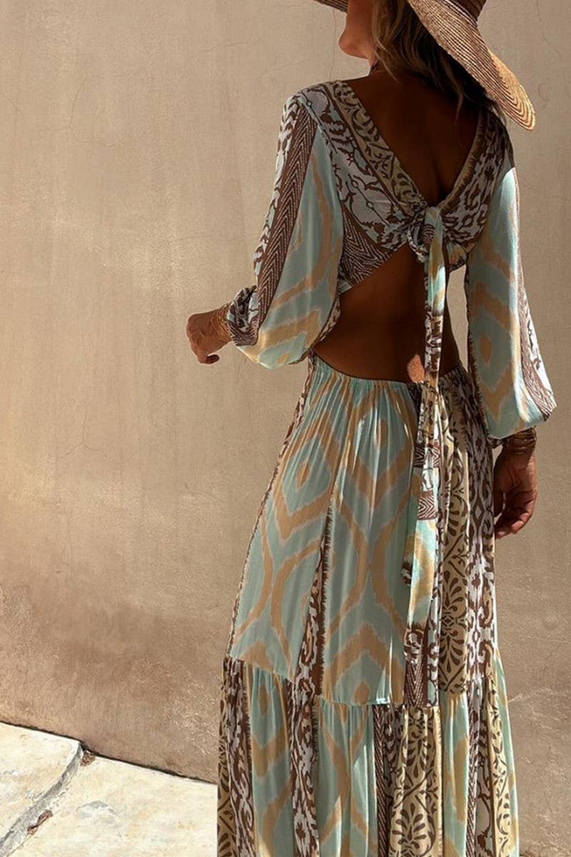 V-Neck Waist Tie Long Sleeve Dress