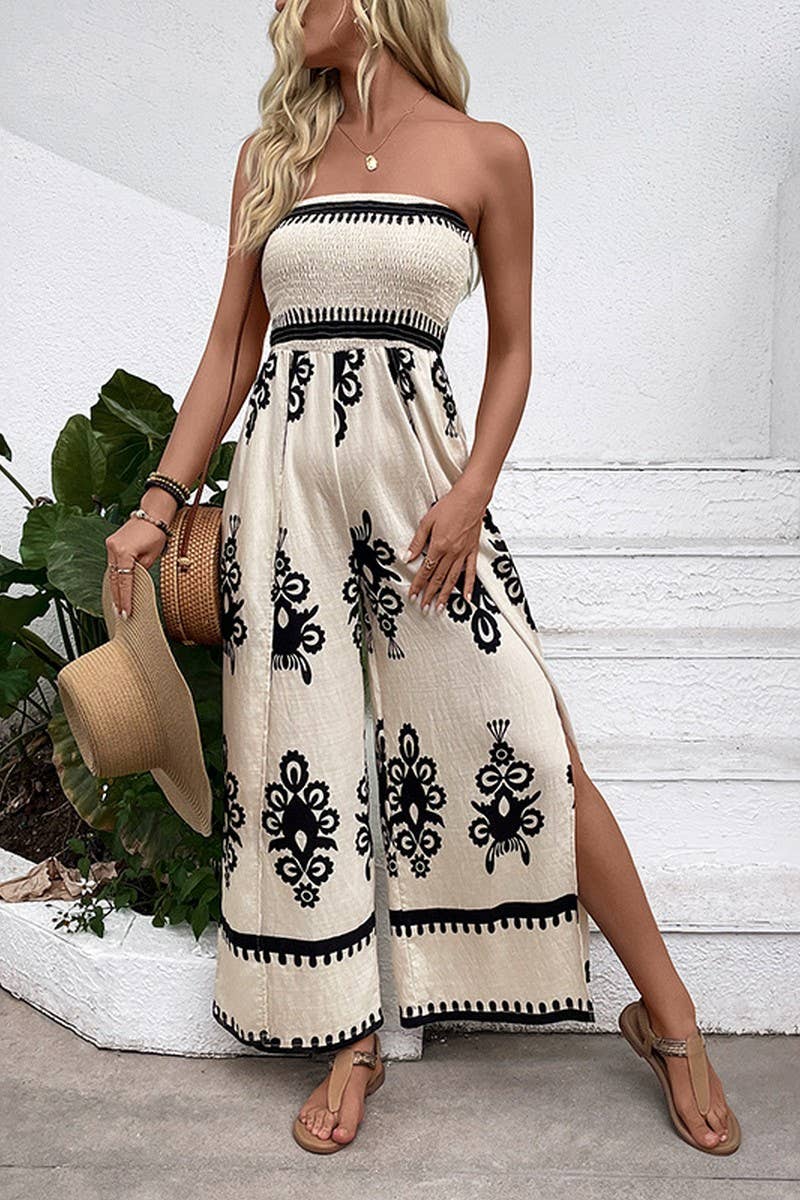 Smocked Strapless Wide Leg Printed Jumpsuit